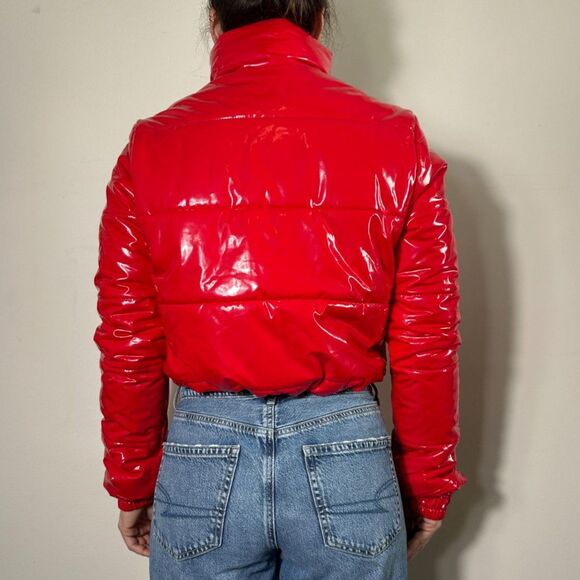 36Points Red Shiny Cropped Bomber Jacket Size Medium - Picture 3 of 5